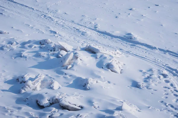 雪地上的动物脚印滑雪道 冬天的背景下了一场雪后 河水的水面上浮满了零碎的冰块 一大早 — 图库照片