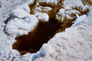 Akış akıyor. Amur Nehri 'nde buz akıntısı. Baharda eriyen buzlar. Bir yığın blok ve parça. Güneşli bir gün. Parıltı ve gölgeler. Çamurlu kirli su.