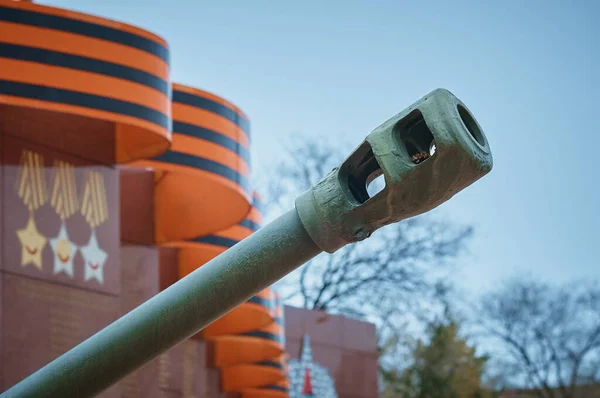 第二次世界大戦の英雄への記念碑の断片 リスによる大砲の銃身に置かれたモミのコーン 反戦の概念 聖ジョージリボンとぼやけた状態での注文 — ストック写真