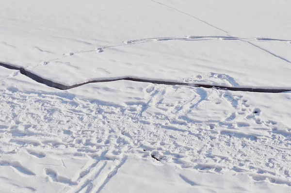 歩道沿いの川の氷の中に大きな危険な亀裂。自然現象だ。貯水池の氷のカバーの沈下。人々や動物の多くの痕跡. — ストック写真