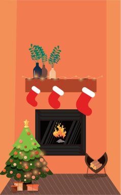 Yeni yıl arifesi içleri. Şöminenin yanında süslenmiş Noel ağacı..