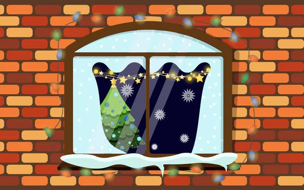 Julfönster i en tegelvägg. Vardagsrum med jul. Gott nytt år dekoration. — Stock vektor