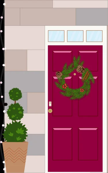 The front door is decorated with a Christmas wreath. Festive postcard. — Stock Vector