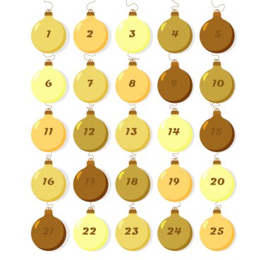 Noel ağacı altın topları. Uyarı takvimi. Altın rengi. Mutlu yıllar, Noel tatili, kış.