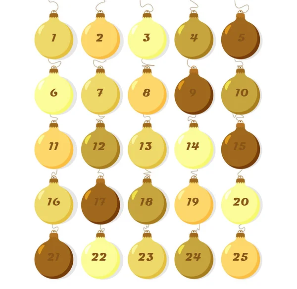 Noel ağacı altın topları. Uyarı takvimi. Altın rengi. Mutlu yıllar, Noel tatili, kış.