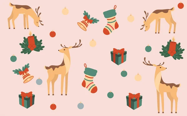 Güzel geyikli Noel seti, hediyeler. Neşeli arkaplan