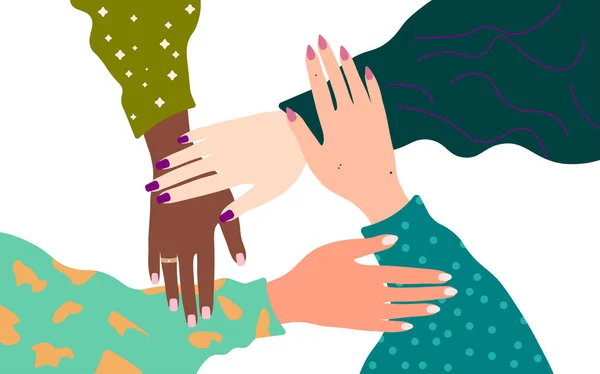 A circle of diverse women holding each others hands to challenge. — Stockvector
