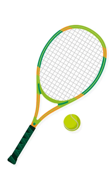 Kolorowe rakiety tenisowe z żółtą piłką tenisową na białym tle.Wyposażenie sportowe. — Wektor stockowy