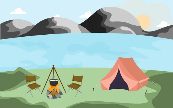 Tienda de campaña junto al lago y montañas.Campamento turístico de dibujos animados con un lugar de picnic — Archivo Imágenes Vectoriales