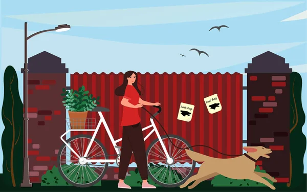 Bir kadın parkta bir köpekle yürür. Etkin eğlence kavramı. 