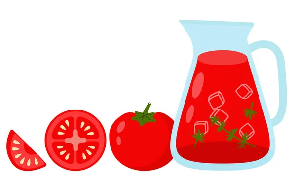 Bir çift domates. Domatesler tam ve yarım kesilmiş ve domates suyu.