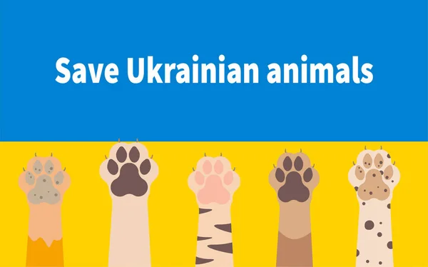 Ukrayna hayvanlarını kurtarın. Ukrayna bayrağının arka planında hayvan pençeleri. Vektör illüstrasyonu