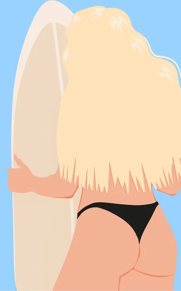 Sahildeki kız. Sörf tahtası olan güzel bir kız. Siyah mayolu kız. Vektör illüstrasyonu