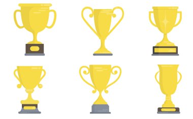 Kazanan kupa ikonu seti. Altın kupa bir spor müsabakasında zaferin sembolüdür. Vektör illüstrasyonu