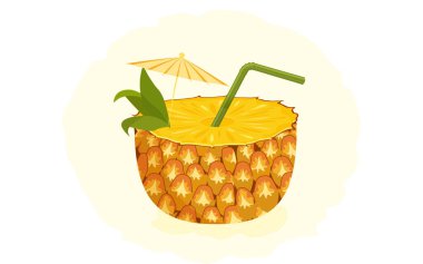 Ananas kokteyli dekore edilmiş, yeşil hasır tüp ve arka planda izole edilmiş sarı şemsiye. Vektör illüstrasyonu