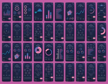 Cep telefonlu vektör grafikleri. Mobil uygulamalar, iş akışı düzeni, diyagram, pankart, web tasarımı, iş raporları oluşturma şablonu. Stok vektörü