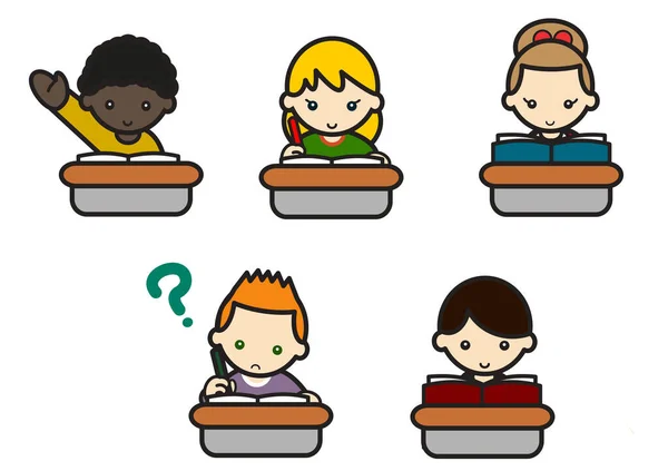 Five Primary School Students Studying — Stock Photo, Image