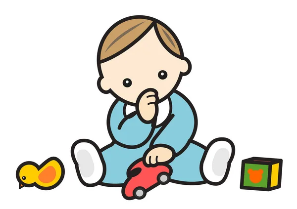 a baby plays with his toys