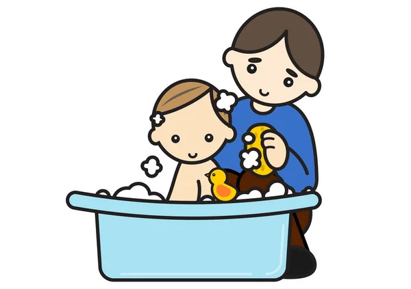 Een Vader Wast Zijn Baby Een Badkuip — Stockfoto