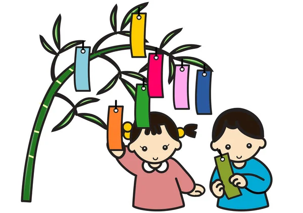 Dwoje Dzieci Dekoruje Bambus Japoński Letni Festiwal Tanabata — Zdjęcie stockowe