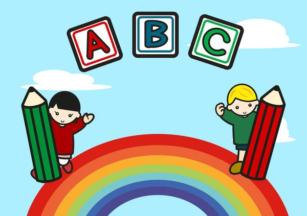 虹のイラストにカラフルな鉛筆と鉛筆を持つ幸せな子供たち — ストック写真