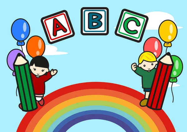虹の上にカラフルな鉛筆と鉛筆を持つ幸せな子供たち — ストック写真