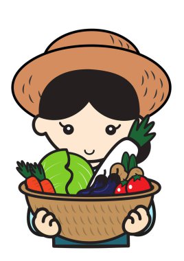 Sepetinde sebzeleri olan bir tarım kadını.