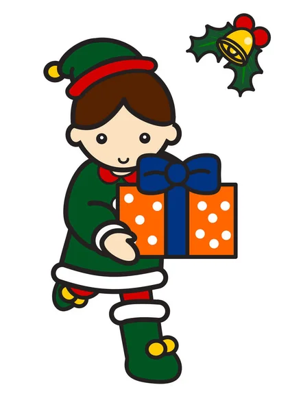 Cute Cartoon Little Elf Christmas Present — Stock Photo, Image