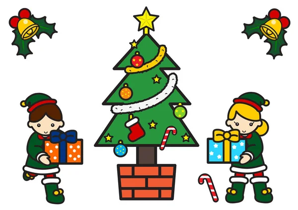 Árvore Natal Com Presentes Elfo Criança — Fotografia de Stock