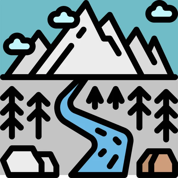 Paisaje Icono Del Río Montaña Estilo Contorno Lleno — Vector de stock