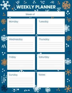 Kış dönemi. Tatiller, Noel. Yazdırılabilir haftalık planlayıcı, düzenleyici. Yapılacaklar listesi için elle çizilmiş notlar. Zaman yönetimi planlama kağıtları. Önceden yapılmış kırtasiye organizatörleri. Alışveriş, yemek listesi, notlar.