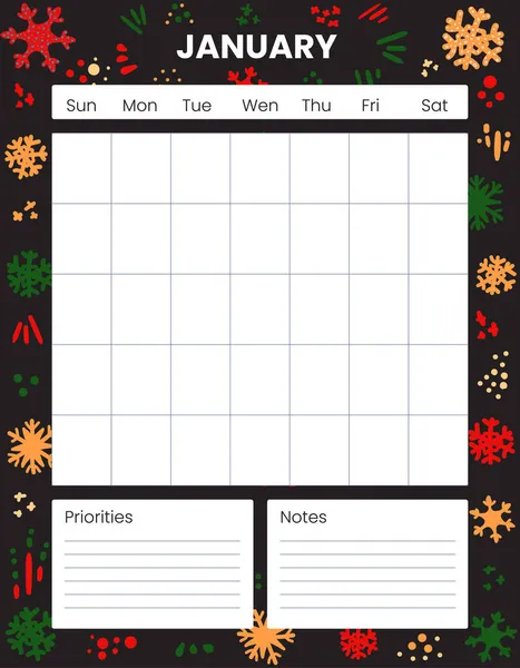 Janvier Imprimable Planificateur Mensuel Organisateur Fond Hiver Vacances Noël Notes — Image vectorielle