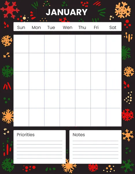 Січень Друк Щомісячний Планувальник Організатор Зимовий Фон Свята Різдво Записки — стоковий вектор