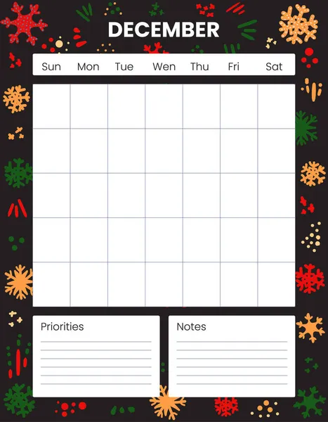 Décembre Imprimable Planificateur Mensuel Organisateur Fond Hiver Vacances Noël Notes — Image vectorielle