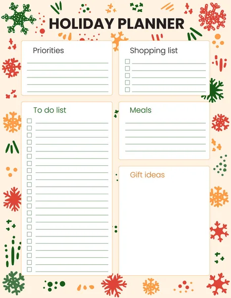 Printable Holiday Planner Organizer Hand Drawn Notes List Time Management — Stock Vector