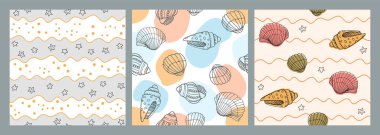 Meyve ve böğürtlenli kusursuz desen. El çizimi vektör arka plan. Parmak izi, kağıt, tekstil, kumaş, çocuk arkaplan tasarımı. 3 desenli koleksiyon. Güzel neşeli tasarım