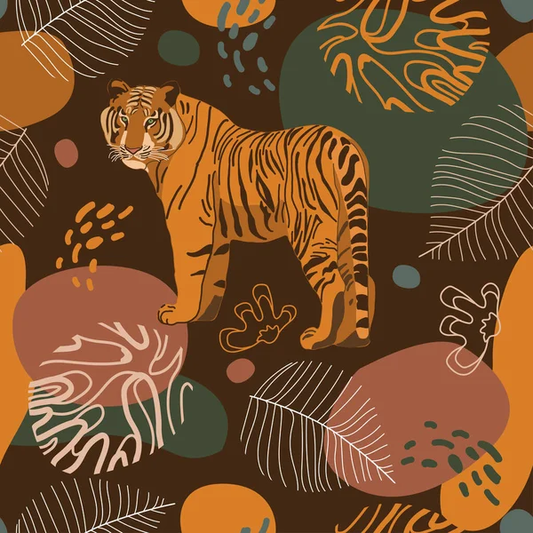 Безшовні Тропічні Візерунки Тигром Листям Африканське Походження Дизайн Шпалер Текстильного — стоковий вектор