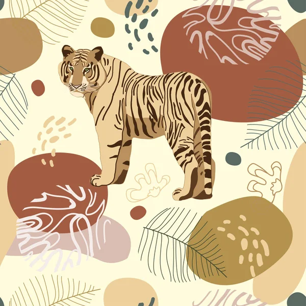 Seamless Tropical Pattern Tiger Leaves African Background Design Wallpaper Textile — Vettoriale Stock