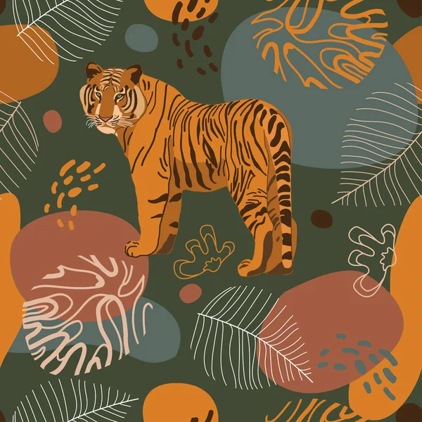 Seamless Tropical Pattern Tiger Leaves African Background Design Wallpaper Textile — Vettoriale Stock