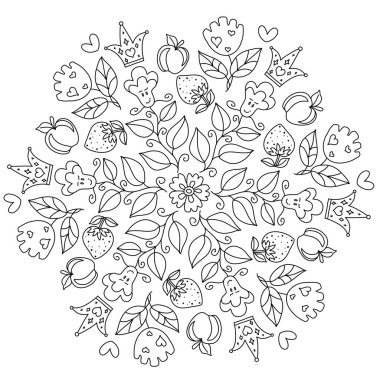 Pozitif, modaya uygun Mandala boyası. Çocuklar ve yetişkinler için el çizimi boyama sayfası. Şablonları ve küçük detayları olan güzel bir çizim. Boyama kitabı resimleri. Botanik, çiçekler, bitkiler, yapraklar.
