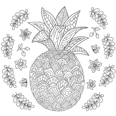 Çocuklar ve yetişkinler için el çizimi yuvarlak boyama sayfası. Şablonları ve küçük detayları olan güzel çizimler. Ananas meyveli boyama kitabı, ağaç dalı, yapraklar. Vektör