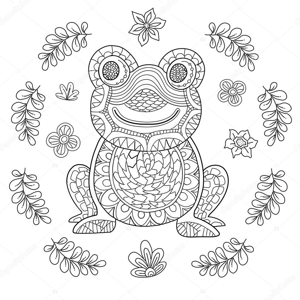 Hand drawn round shape coloring page for kids and adults. Beautiful drawings with patterns and small details. Coloring book with frog, tree branch, leaves. Vector