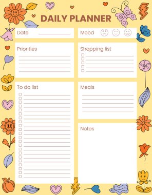 Yazdırılabilir günlük planlayıcı, düzenleyici. Yapılacaklar listesi için elle çizilmiş notlar. Zaman yönetimi planlama kağıtları. Olumlu kırtasiye organizatörleri. Hippi hareketli, geçmişe dönük arkaplan