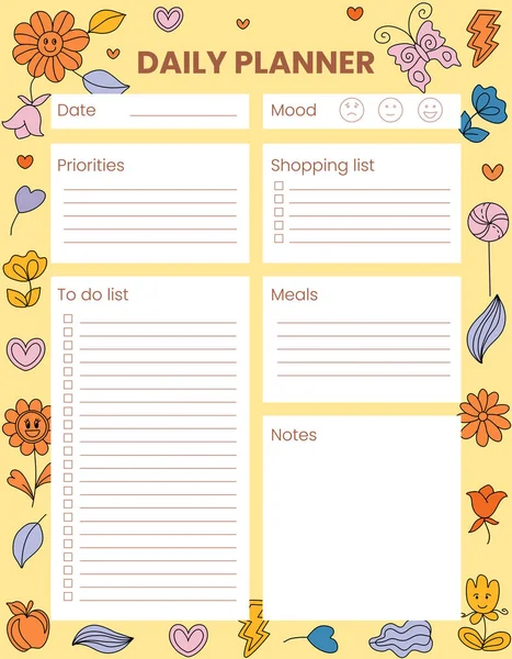 可打印每日计划 组织者 手绘笔记 列个单子 时间管理计划表 积极的文具组织者 嬉皮充满活力 复古风格的背景 — 图库矢量图片