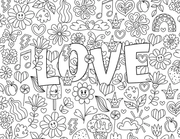 平和だ いいヴァイブスだ ポジティブでグルービーハンドは 子供や大人のための着色ページを描きました パターンの美しい図面 動機づけの引用 咲く花と本の写真を着色 — ストックベクタ