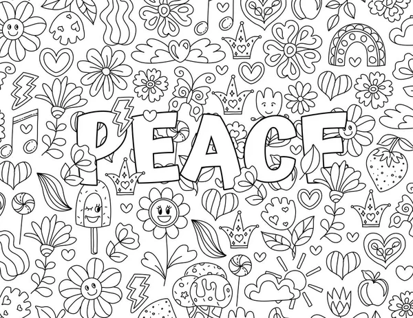 Pace Buone Vibrazioni Positive Groovy Pagine Colorare Disegnate Mano Bambini — Vettoriale Stock
