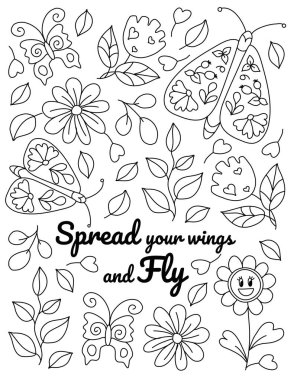 Çocuklar ve yetişkinler için olumlu, ilham verici el boyama sayfaları çizdi. Şablonları ve detayları olan güzel çizimler. Çiçek açan dallarla, çiçeklerle, gülümsemeyle, çıkartmalarla, alıntılarla boyama kitabı resimleri