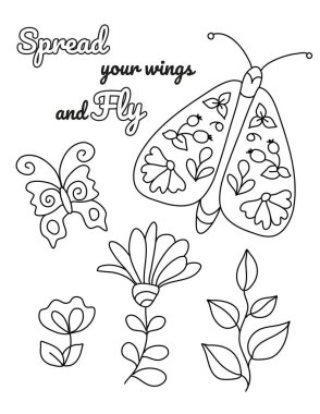 Çocuklar ve yetişkinler için olumlu, ilham verici el boyama sayfaları çizdi. Şablonları ve detayları olan güzel çizimler. Çiçek açan dallarla, çiçeklerle, gülümsemeyle, çıkartmalarla, alıntılarla boyama kitabı resimleri