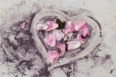 Doğal gül yapraklarıyla, kuru mor boyadan yapılmış bir kalp. 