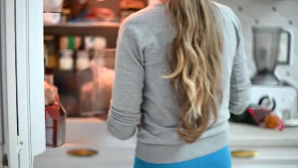 Mutfaktaki Buzdolabına Yemek Koyan Kadın — Stok video